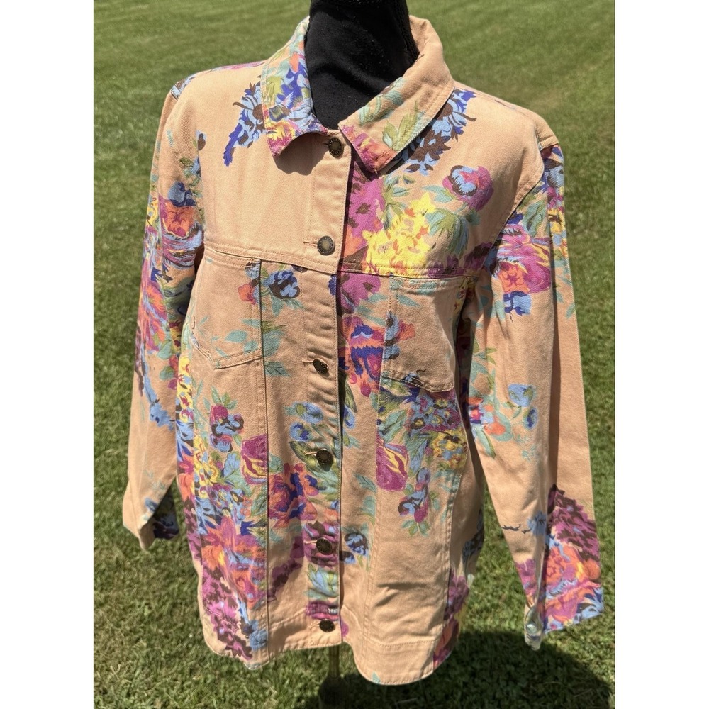 Susan Graver Jacket Womens M Multicolor Floral Cotton Twill Button Front Casual